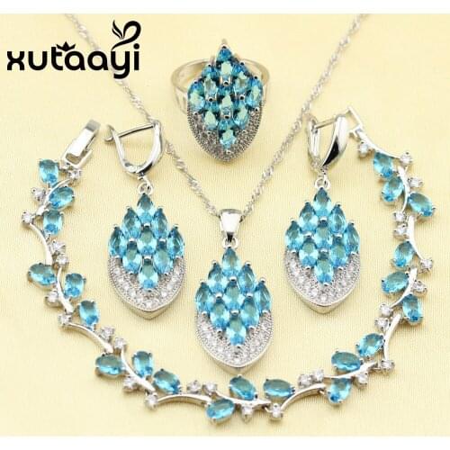 XUTAAYI Jolly Sterling Silver Women Jewelry Set Blue Cubic Zirconia Four Piece Ring Necklace Pendant Bracelet Earring