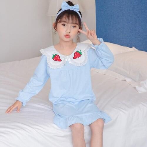 Girls Pajamas Dress Spring New Teen Girls Pure Color Rabbit Collar Cotton Pajamas Dresses Kids Sleepwear Dress Kid Fall Clothing