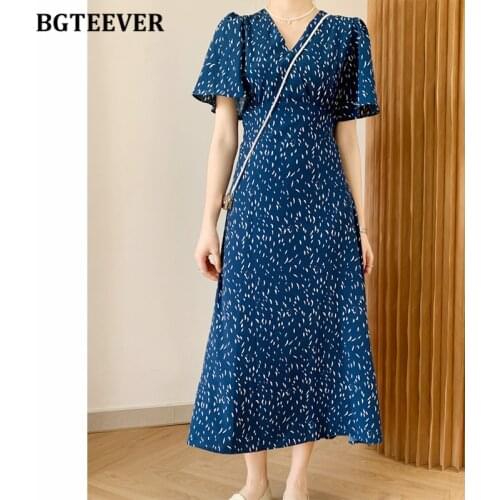 BGTEEVER Vintage Printed Women Dress Short Sleeve loose Lace-up Female A-line Dress 2021 Summer Ladies Midi Vestidos