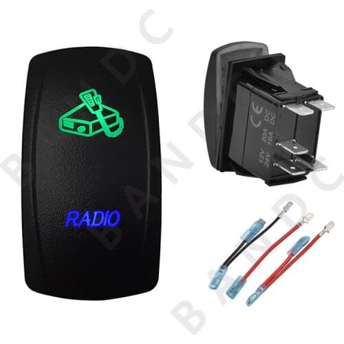 RADIO Rocker Switch 5P ON-OFF SPST Laser Etched Illuminated Green&Blue Led for Car Boat Marine ARB RV Buses UTV, Jumper Wire