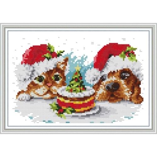 Christmas Kitten and Puppy Pattern Cross Stitch 14ct 11ct Counted and Stamping Embroidery Cross Stitch Kit DIY Needlework Crafts
