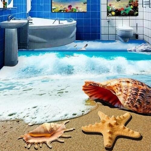Custom Self-Adhesive Floor Mural 3D Stereo Ocean Wave Shell Beach Bathroom Toilet Bedroom Floor Wallpaper PVC Waterproof Sticker