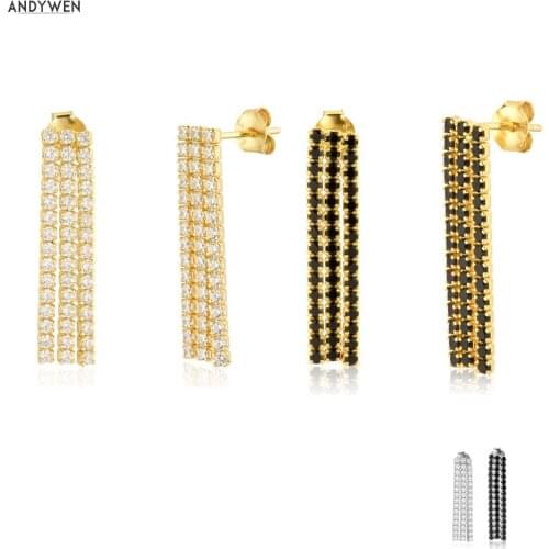 ANDYWEN 925 Sterling Silver Black Zircon Clear Three Line Piercing Pendiente Earring 2020 Rock Punk Wedding Jewelry For Women