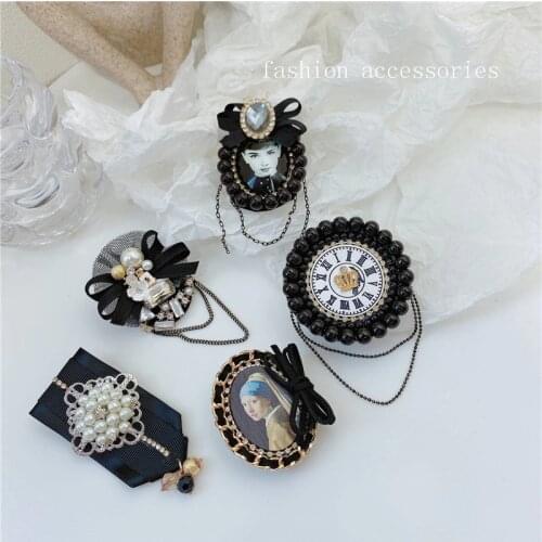 Vintage Black Geometric Chain Brooches Pins for Women Gir Coat Rhinestone Badge Handmade Wholesale Fashion Jewelry Accessories