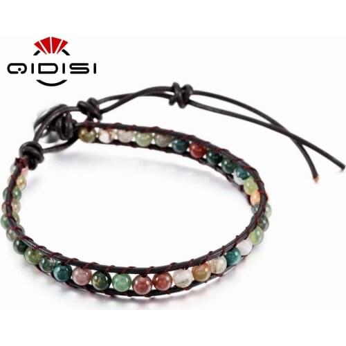 Vintage Leather Bracelets 4MM Matte Stone 1 Strands Wrap Bracelets Woven Multilayer Boho Bangles Handmade Jewelry Dropship