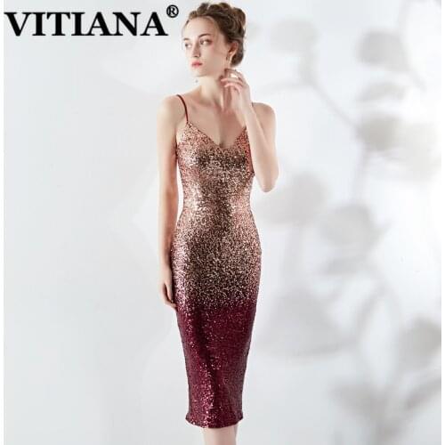 VITIANA Women Sequined Host Sexy Party Midi Dress Female Spaghetti Strap Elegant Banquet Dresses Femme Noble Strapless Vestidos
