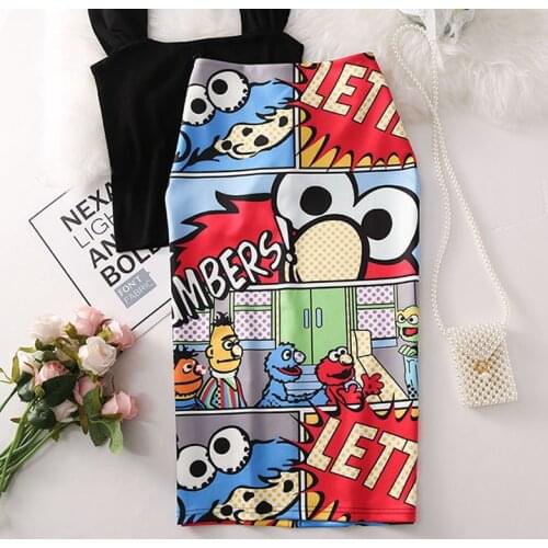Womens high waist slim cartoon letter print bag hip bodycon Tube skirt summer knee high elastic pencil skirts Falda WA526