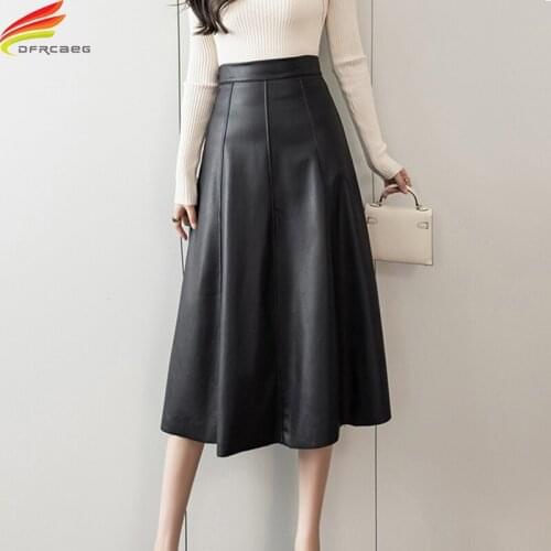 New 2021 Autumn Winter Long PU Leather Skirt Women Korean Fashion Patchwork High Waist A Line Skirt Black Khaki Beige Jupe Femme