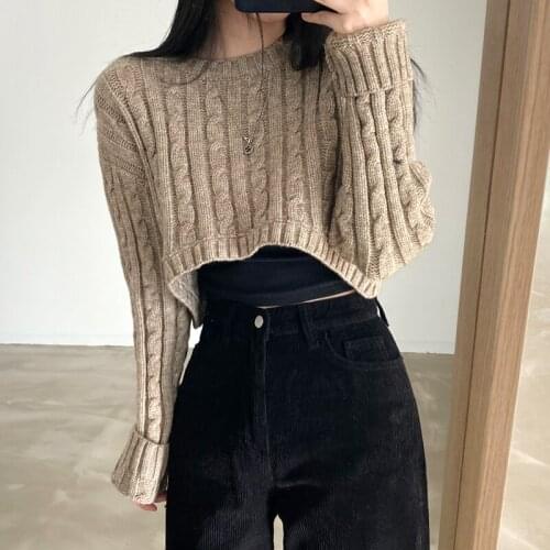 2021 Spring Short Women O-Neck Sweaters Chic Knitted Female Loose Solid Elegant Pullovers Office Lady Casual Tops
