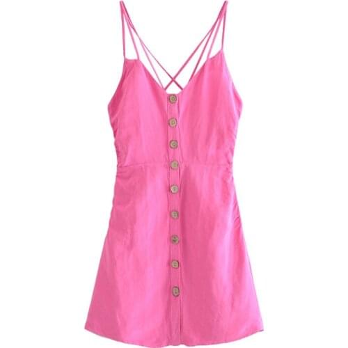 Women Sexy Solid Color Spaghetti Strap Dresses Chic V Neck Single Breasted Mini Dress Lady Sleeveless Backless Sundress