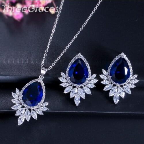 ThreeGraces Fashion Ladies CZ Jewelry Royal Blue Cubic Zircon White Crystal Big Marquise Pendant Necklace Set For Women JS260