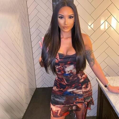 Aesthetic Print Sexy Women Party Dresses Fashion Sleeveless Strap Drawstring Ruched Clubwear Mini Dress Bodycon Summer