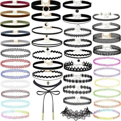 Black Choker Necklace Basic With Pendant Elastic Collar Women Layered Party Jewelry Accessories Goth Lolita Chain Necklaces Set