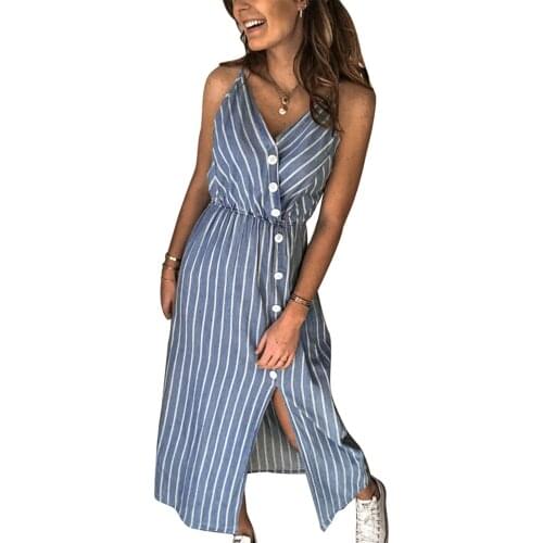 2021 Womens Sexy V-neck Striped Dress Summer Fashion Split Long Sling Dress Beach Dress Buttons Sundress