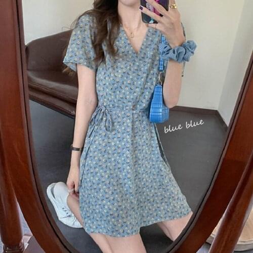 Vintage Summer Dress 2020 New Korean Floral Dress Womens Femininity Waist Strap A-line Short Sleeve Printed Dress m412