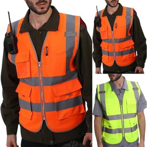 High Visibility Zipper Vest Front Lightweight Safety Vest Reflective Strips Top Protection Cloth Fluorescent Work Jacket