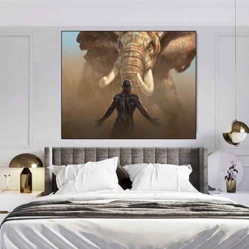 Animal Elephant and Black Person Canvas Painting Modern Living Room Wall Art Posters Prints Bedroom Home Decoration Pictures