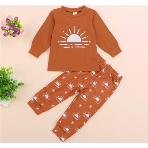 2Pcs Toddler Girls Clothes Spring Autumn Cotton Breathable Casual Long Sleeve Sun Print Pullover Pants Childrens Clothing