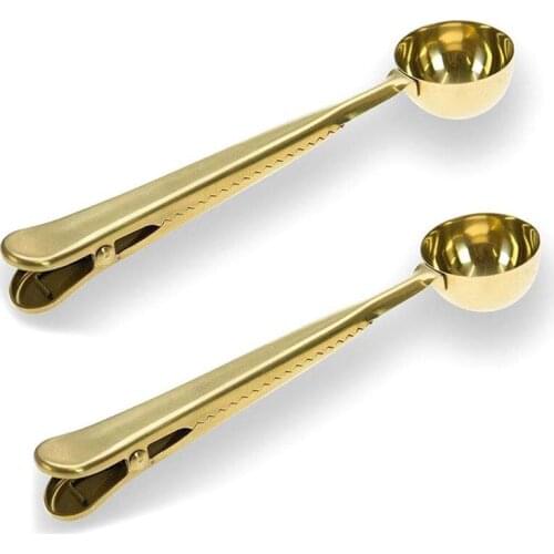 2 in 1 Practical Boutique Gold Stainless Steel Coffee Scoop with Bag Seal Clip for Coffee, Milk Powder, Tea, Oatmeal (2 Pack)