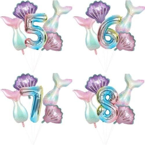 5Pcs Mermaid Birthday Number Balloon Decoration Aluminum Balloons Decoration Birthday Party Supplies Gradient Number Balloon
