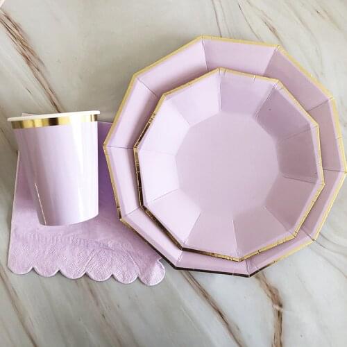 65PCS / LOT Purple Party Tableware Set Disposable Paper Plate Cup Napkin Party Supplies Children Cake Dish Fruit Plate