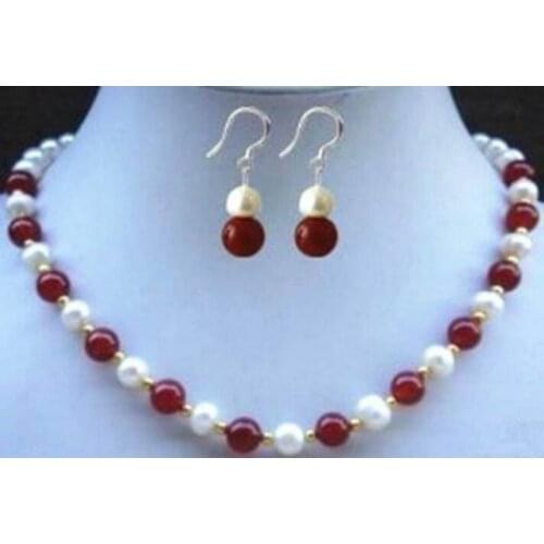 AAA 8mm Natural Red Jade Beads White Akoya Cultural Pearl Necklace 18"+Earrings