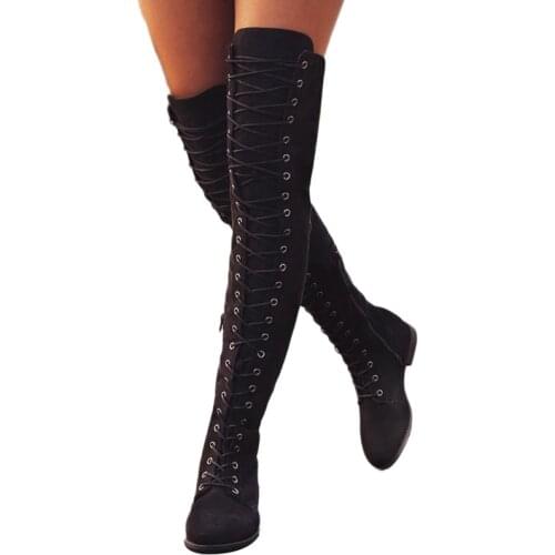 Sexy Lace Up Over Knee Boots Women Boots Flats Shoes Woman Square Heel Rubber Flock Boots Botas Winter Thigh High Boots 34-43