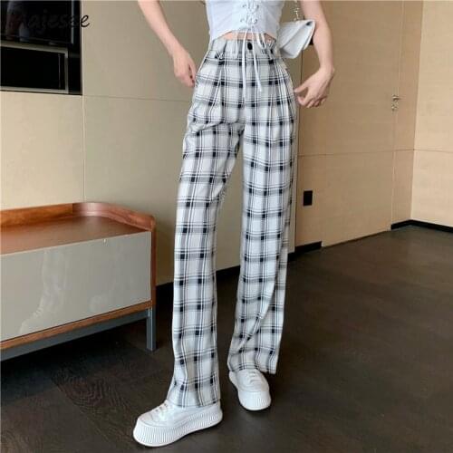 Casual Pants Women Plaid Trousers Full Length Korean Fashion High Waist Summer Vintage Trendy College Straight Mujer Pantalones