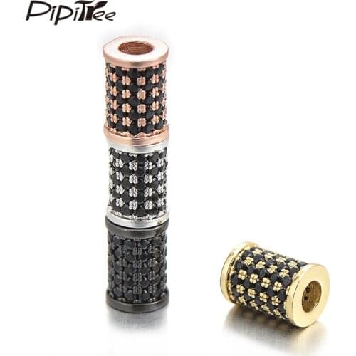 Pipitree 4pcs/lot Black CZ Zircon Tube Charm Beads fit Bracelet Pendant Big Hole Copper DIY Spacer Beads for Jewelry Making