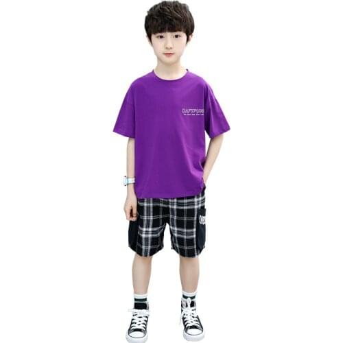 Kids boys track suit letters printed short-sleeved T-shirt + plaid Shorts 2pcs suit summer new big virgin suit 4-12 years old