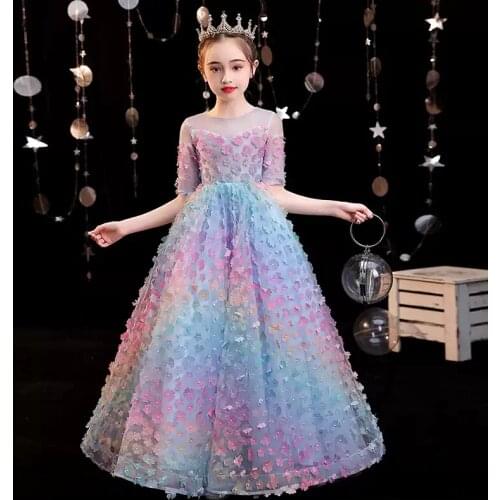 Flower Girl Dresses Illusion O-Neck Short Embroidery Appliques Princess Floor-Length Tulle Lace Luxury Blue Kids Party Gown H518