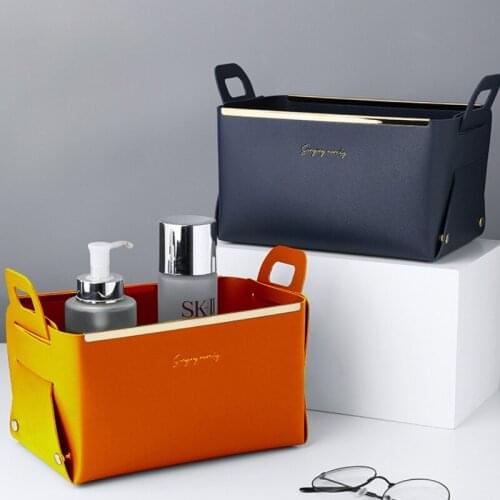 Ins Foldable PU Storage Basket Desktop Cosmetics Makeup Organizer Container Office Accessories Key Holder Box Books Sundries Bin