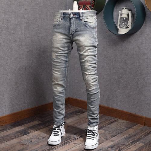 Italian Style Fashion Men Jeans Retro Light Gray Blue Elastic Slim Ripped Jeans Men Vintage Designer Denim Pants Street Trousers