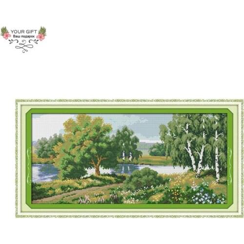 Joy Sunday Trees Along The River Home Decoration F327 14CT 11CT Counted Stamped Trees By River Needlepoint Cross Stitch kit