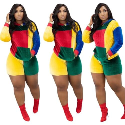 29D9469 Spring and autumn womens casual fashion three color splicing silver fox velvet long sleeve shorts suit