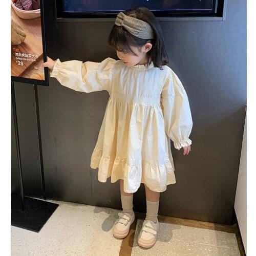 2021 Baby Girl Fashionable Princess Dress Long Sleeve Pleated Skirt Spring and Autumn Childrens Lace Collar Puff Sleeve Dress