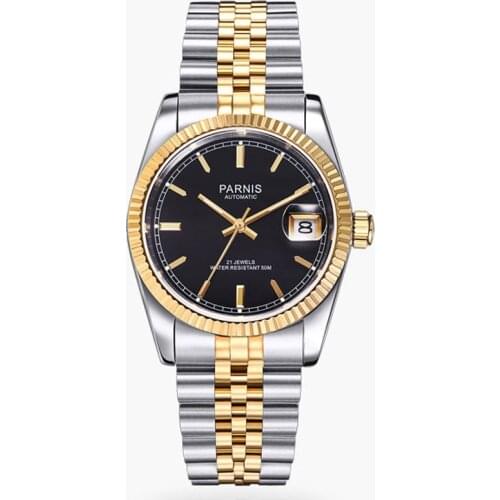 Parnis 36mm Miyota 821A 5ATM Automatic watch men women Sapphire glass waterproof black dial gold bezel