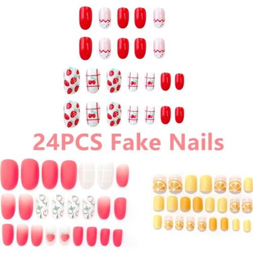 3 Colors Fake Nail Fruit Summer Matte Glossy Round Grapefruit Peach Strawberry Full Cover With Double-sided Sticker Nail Art