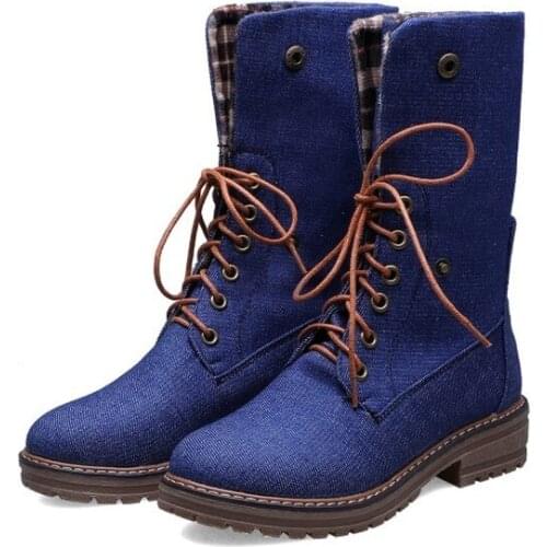 OLOMLB US4-11 Women Round Toe Denim Jeans Mid Calf Boots Oxfords Low Heel Lace Up Winter Warrm Shoes Motorcycle Plus Size 6Color