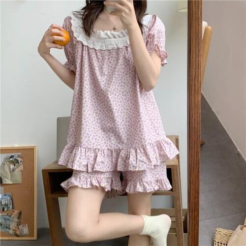 100% cotton summer pajama suit women 2 piece set homewear print lace short sleeve tops pyjamas shorts sleepwear ruffles Y474