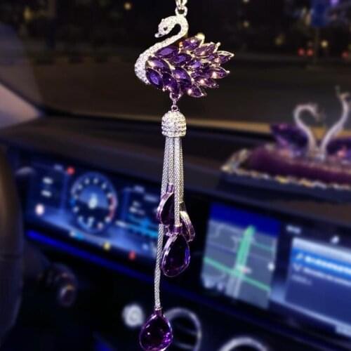 Luxury Crystal Rear View Mirror Ornament Swan Lucky Star Car Hanging Accessories for Women Girls Bling Bling Diamond Decoration