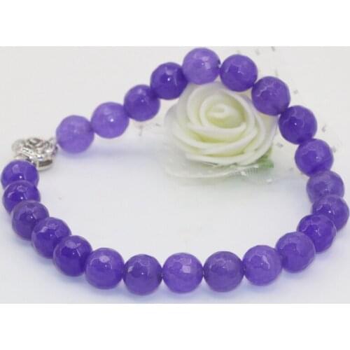 Silver-color flower clasp purple jades faceted 8mm round beads stone chalcedony bracelets for women women jewelry 8inch B2706