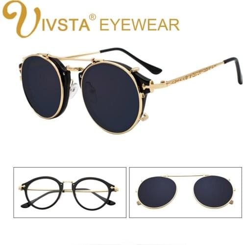 IVSTA Clip On Sunglasses Men Removable Clips Flip Up Glasses Round Steampunk Women Optical Frame Graduated Retro Mirror Lenses