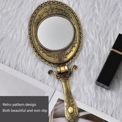 Vintage Mirror Metal Handheld Makeup Mirror Travel Round Vintage Cosmetic Mirror Womens Vanity Handle Foldable Mirror
