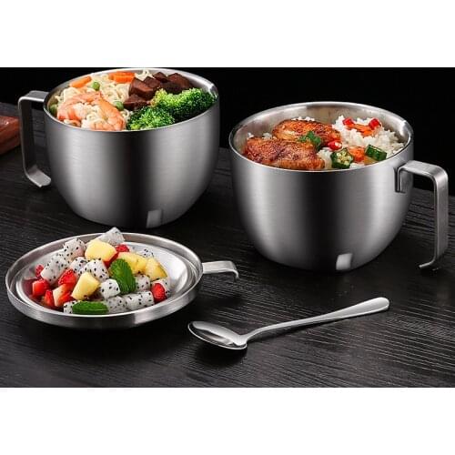 High Quality Double Wall Noodle Bowl 304 Stainless Steel Soup Bowl With Cover Students Dinner Bowl Ramen Bowls