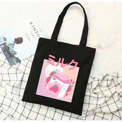 Fun Retro 90s Japan Cute Strawberry Milk Shake Carton Women Canvas Shopping Bag Bookbag Cotton Cloth Shoulder Shopper Bags