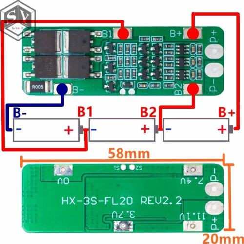 1PCS 3S 20A Li-ion Lithium Battery 18650 Charger PCB 3S BMS Protection Board For Drill Motor 12.6V Lipo Cell Module 64x20x3.4mm