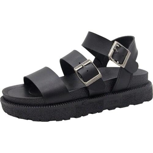 New 2021 Summer Shoes Woman Harajuku Black Platform Sandals Students Soft Leather Casual Open Toe Gladiator Wedges Women Shoes