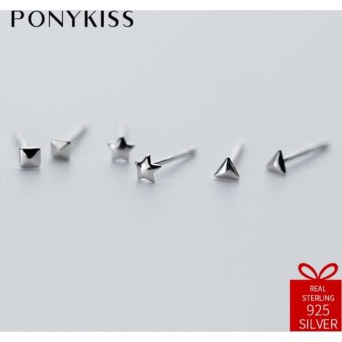 PONYKISS Trendy 100% 925 Sterling Silver Chic Star Geometric Stud Earrings Women Prevent Allergy Jewelry Party Cute Jewelry Gift