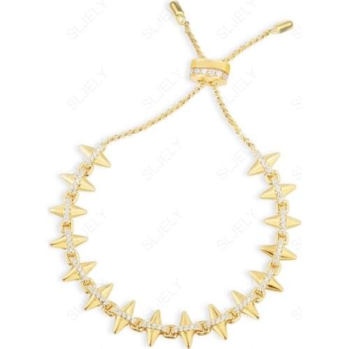 SLJELY Fashion Punk Rock 925 Sterling Silver Yellow Gold Color Spike Rivet Bracelet Paved Cubic Zirconia Women Gothic Jewelry